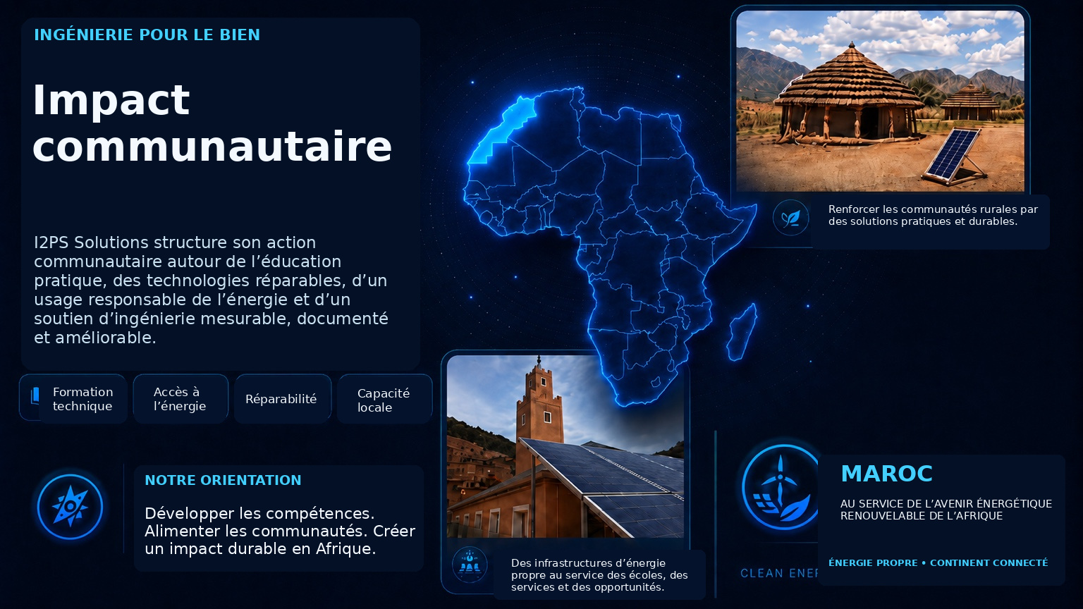 Impact communautaire I2PS — ingénierie pour le bien commun, formation pratique, réparabilité, accès à l’énergie, capacités locales et rôle du Maroc dans l’avenir énergétique renouvelable de l’Afrique